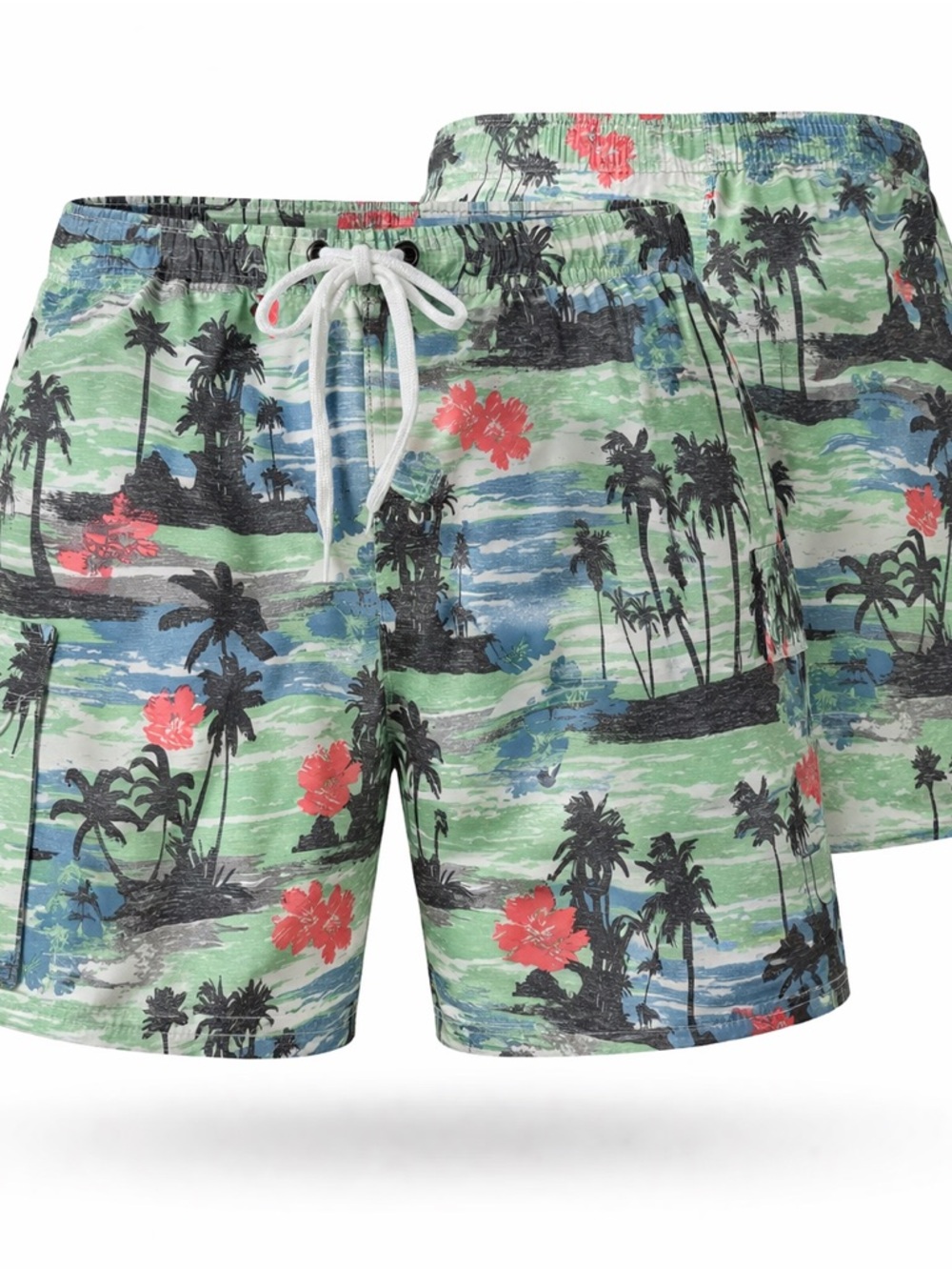 Adam Levine Collection Tropical Palm Print Swim Trunks in Green, Blue & Coral